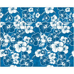 Blue floral seamless Hawaiian background with hibiscus flowers - obrazy, fototapety, plakaty