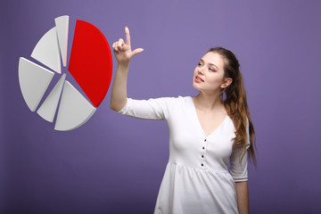 Woman shows a pie chart, circle diagram. Business analytics concept.