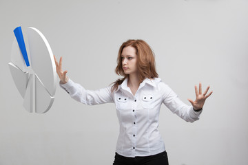 Woman shows a pie chart, circle diagram. Business analytics concept.