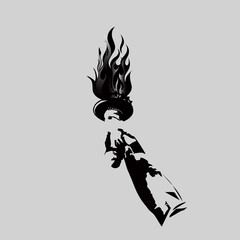 Vector torch in hand with flame. black and white symbol isolated on grey background. Torch relay for opening ceremony, olympic flame. Vector graphic element design clip art illustration