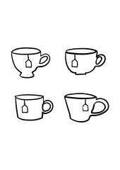 Different cups of tea. Line drawings. Vector illustrations.
