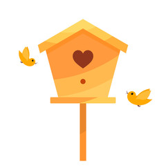Yellow Cartoon birdhouse on a white background with two birds. I