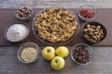 Baking ingredients of apple cake, elevated view