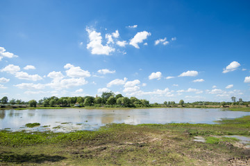 Reservoir with blue sky