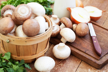 Mushrooms on wooden table