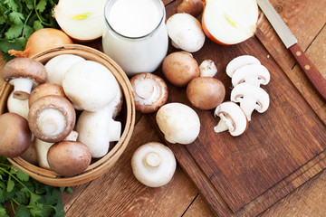 Mushrooms on wooden table