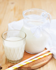 Glass jug and glass with milk