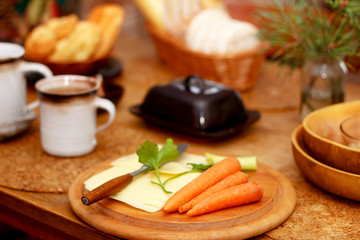 beautiful arrangement of healthy life style vegetarian breakfast on wooden table.