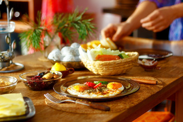 beautiful arrangement of healthy life style vegetarian breakfast on wooden table.