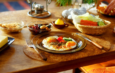 beautiful arrangement of healthy life style vegetarian breakfast on wooden table.