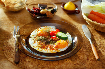 beautiful arrangement of healthy life style vegetarian breakfast on wooden table.