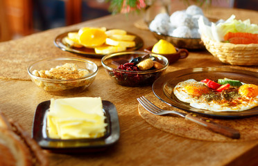 beautiful arrangement of healthy life style vegetarian breakfast on wooden table.