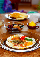 beautiful arrangement of healthy life style vegetarian breakfast on wooden table.