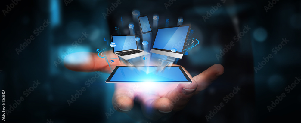 Poster tech devices and icons connected to businessman hand