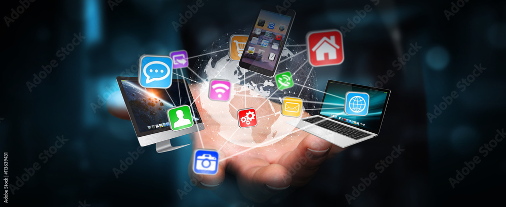 Poster tech devices and icons connected to digital planet earth