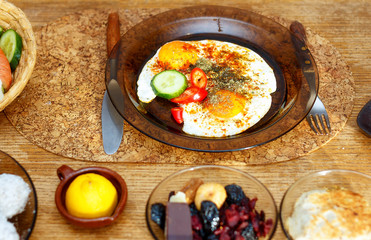 beautiful arrangement of healthy life style vegetarian breakfast on wooden table.