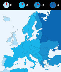 Time zones of Europe, standard time. Four clocks with difference in time - in the same colors as the concerned countries.