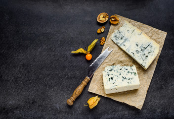 Fototapeta na wymiar Blue Cheese Gorgonzola on Copy Space