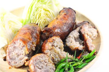 thai style Grilled sausages in dish and Cucumber 