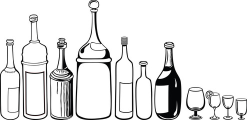 Set of old wine bottles and wineglass