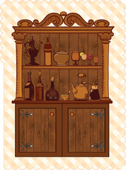 Vintage Cupboard with crockery and bottles