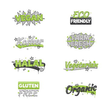 A collection of artistic food and drink quality badge stickers. Design elements that inform consumers about halal, kosher, vegan, gluten free and other inspected products.