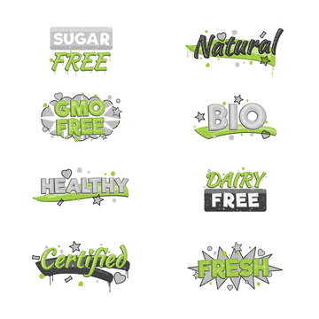 A collection of artistic food and drink quality badge stickers. Design elements that inform consumers about sugar, dairy and gmo free, fresh, bio and other inspected products.