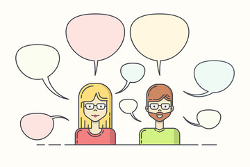 Modern Line Art Vector Illustration of Man and woman with Speech Bubbles. Flat Design Style. 