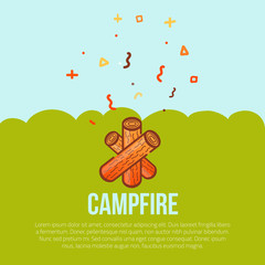 Campfire linear icon in modern style. Tourist  with firewood. Flame logo concept. Vector silhouette burning symbol on green background