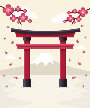 Japanese Tori Gate, Sakura Blossom and Mount Fuji at Background. Flat Design Style.