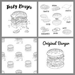 Four hand drawn patterns with burgers. Ingredients. Seamless pattern. Doodle set. Vector. Isolated.