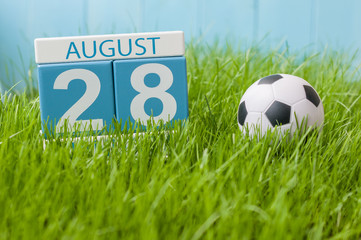 August 28th. Image of august 28 wooden color calendar on green grass lawn background with soccer ball. Summer day. Empty space for text
