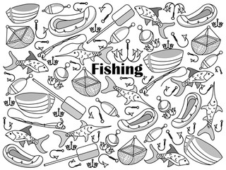 Fishing colorless set vector illustration