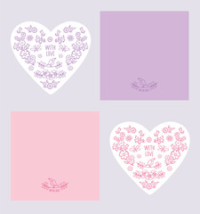 Vintage Greeting cards with Valentine's Day, Mother's Day, Women's Day, birthday, wedding. Hearts composed of summer line art flowers with envelopes. Hand drawn decorative floral elements. Vector.