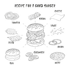 Burger. Recipe for a good burger. Ingredients. Restaurant brochure vector, menu design. Vector cafe template with hand-drawn graphic. Vector. Isolated. Doodle set.