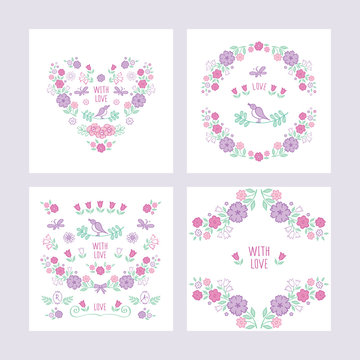 Set of hand drawn vintage floral elements for Valentine's Day, Mother's Day, Women's Day, birthday, wedding. Vintage heart of summer flowers. Vector.
