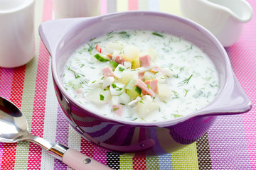 Traditional russian cold spring or summer soup okroshka