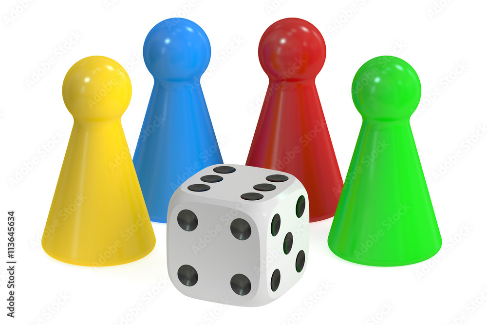 Poster board game pieces and dice, 3d rendering