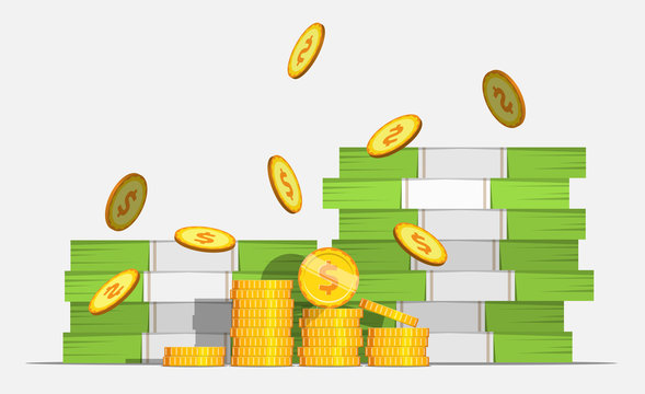 Big stacked pile of cash money and some gold coins. Coin Falls. Flat style cash money illustration.