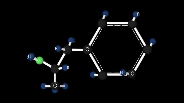 Amphetamine molecule structure. Molecular structure of amphetamine, drug, 3D animation. Alpha channel.