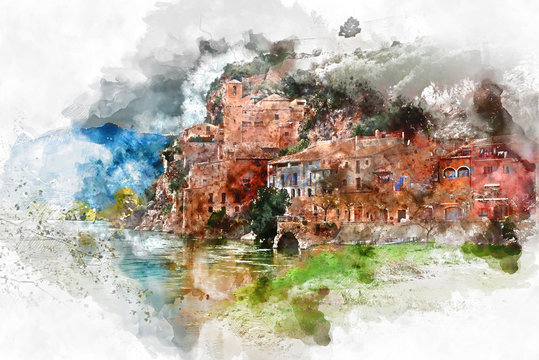 Digital watercolor painting of Miravet village. Spain