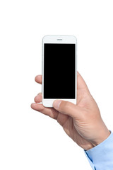 Closeup on hand holding black screen smartphone on white background