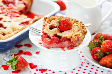 Slice of juicy strawberry pie on a white plate