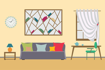 Home Interior flat vector design. Workspace for freelancer and home work and relax. Furniture Set