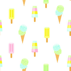 Ice cream vector seamless pattern. Summer ice dessert collection. Waffle cone, popsicle and sundae flat style icon background for wrap and textile.