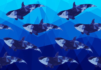 Low poly dark fish on low poly sea