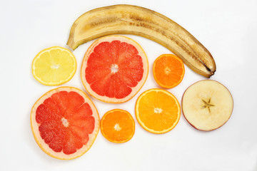 cut across the fruit on white background