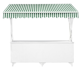 White market stall with green striped awning