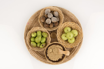 Triphala (thai name) means three fruits contain Terminalia belerica (Gaertn.) Roxb.), Terminalia chebula Retz. and Phyllanthus emblica Linn, have medicinal properties.