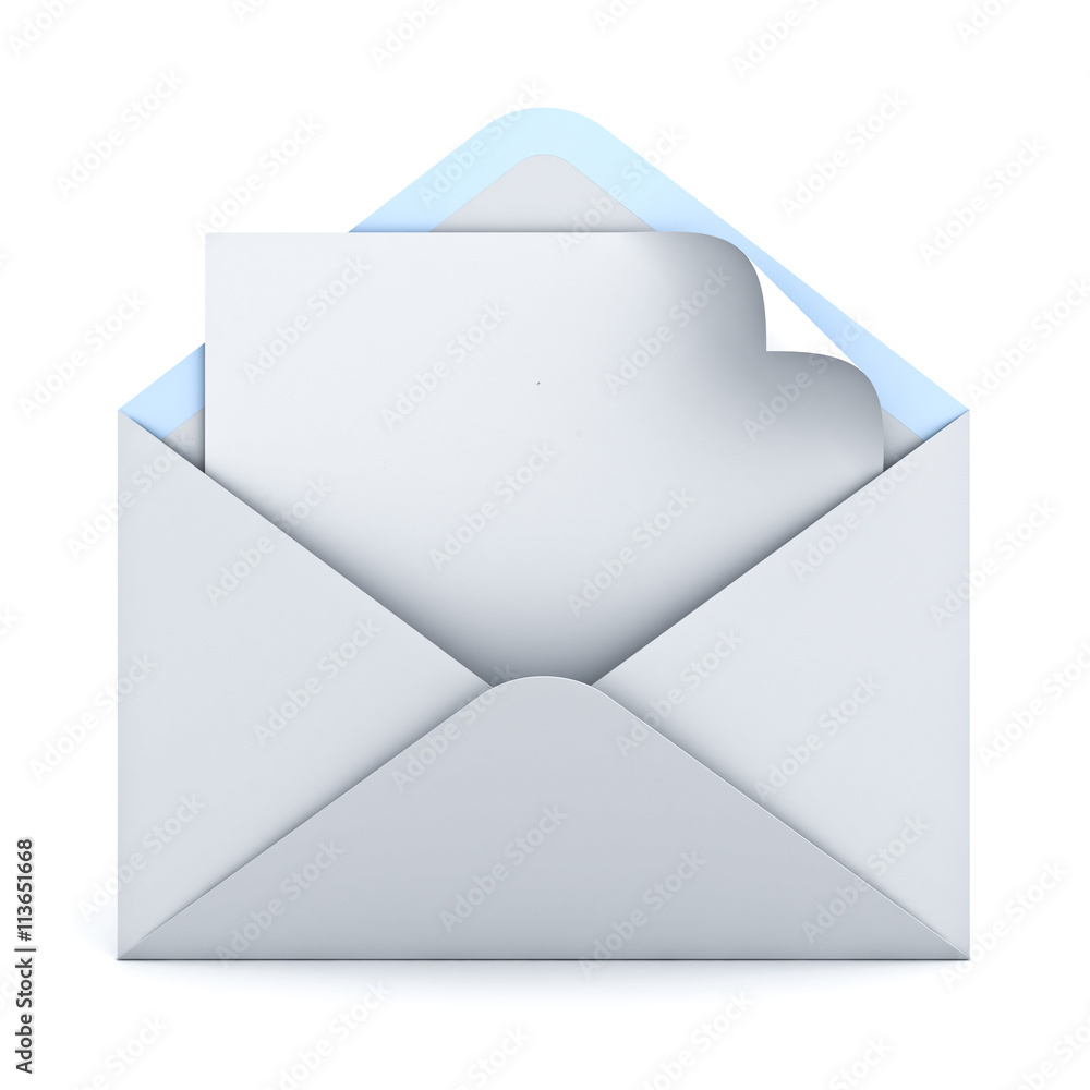 Aufkleber Blank paper with page curl in white envelope isolated on white background with shadow 3D rendering